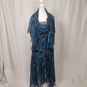 Robbie Bee Vintage 18W Beaded Whimsigoth Ruffle Midi Blue Dress with Shawl